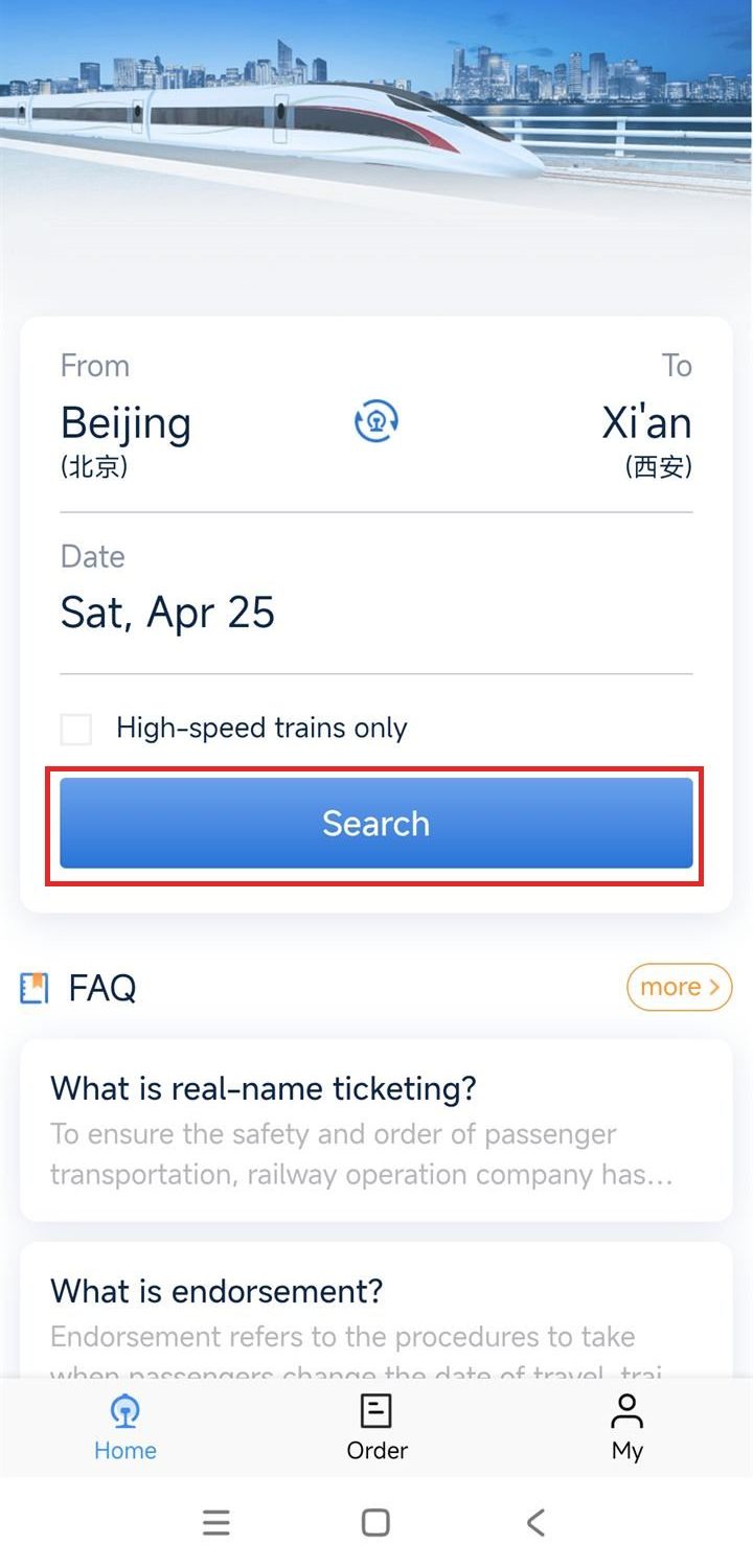 12306 home screen search form with From Beijing, To Xi'an, date, high-speed-only checkbox, and Search button