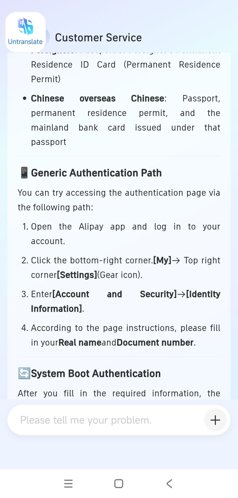 Alipay Customer Service chat showing the in-app real-name verification path and the ID accepted for overseas users