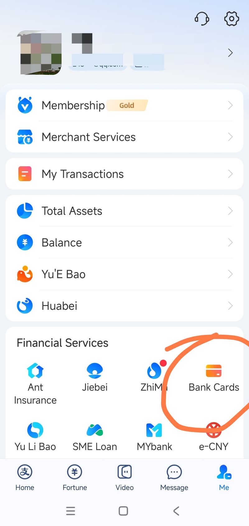Alipay Me screen with Bank Cards highlighted under Financial Services