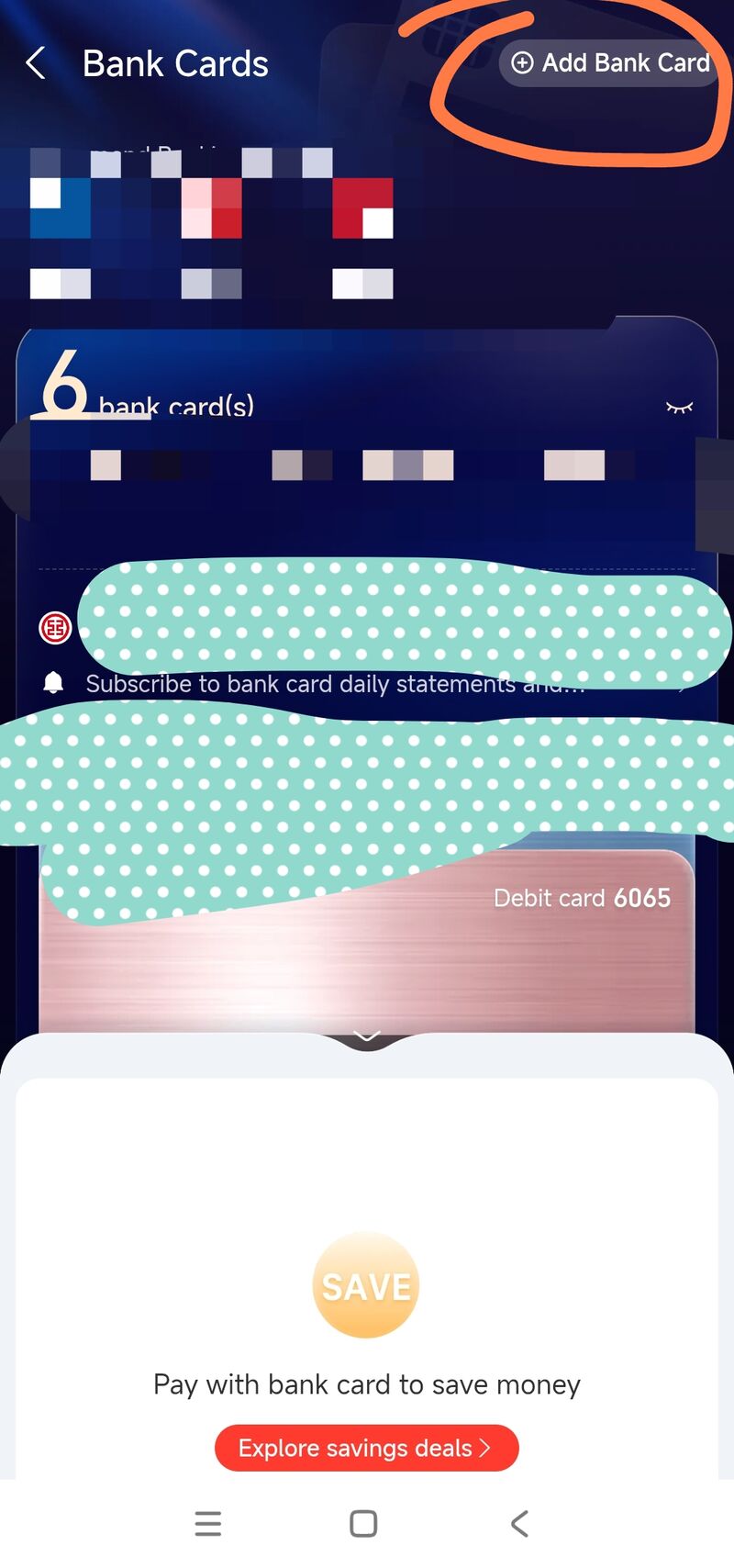 Alipay Bank Cards screen with Add Bank Card highlighted top-right