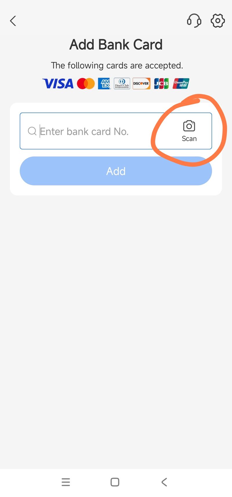 Alipay Add Bank Card screen showing the accepted-network logos, a card-number field and a Scan option