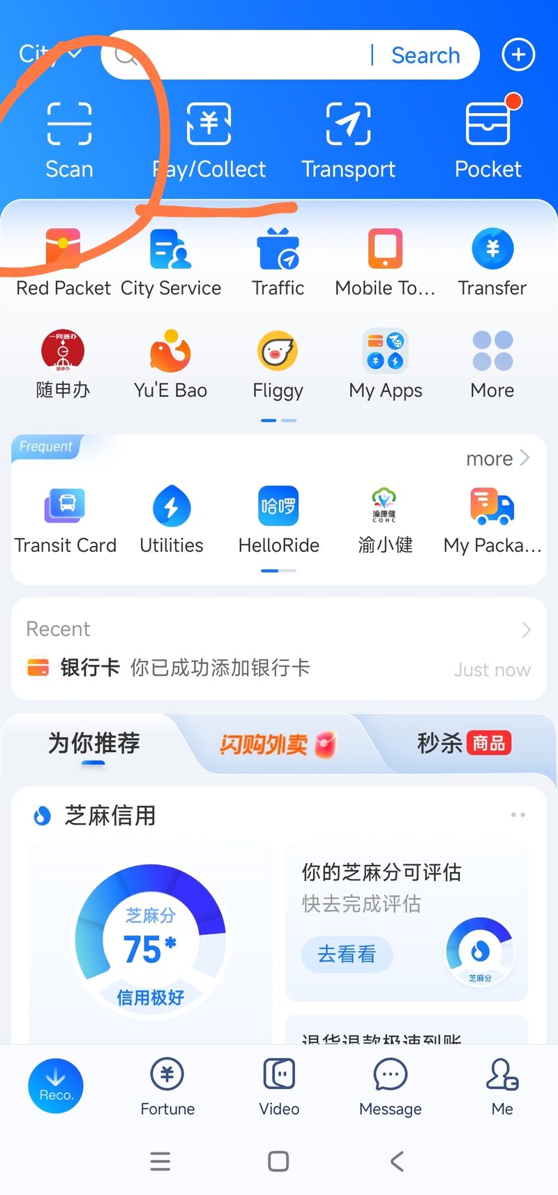Alipay home screen showing the card-added confirmation with Scan and Pay/Collect highlighted