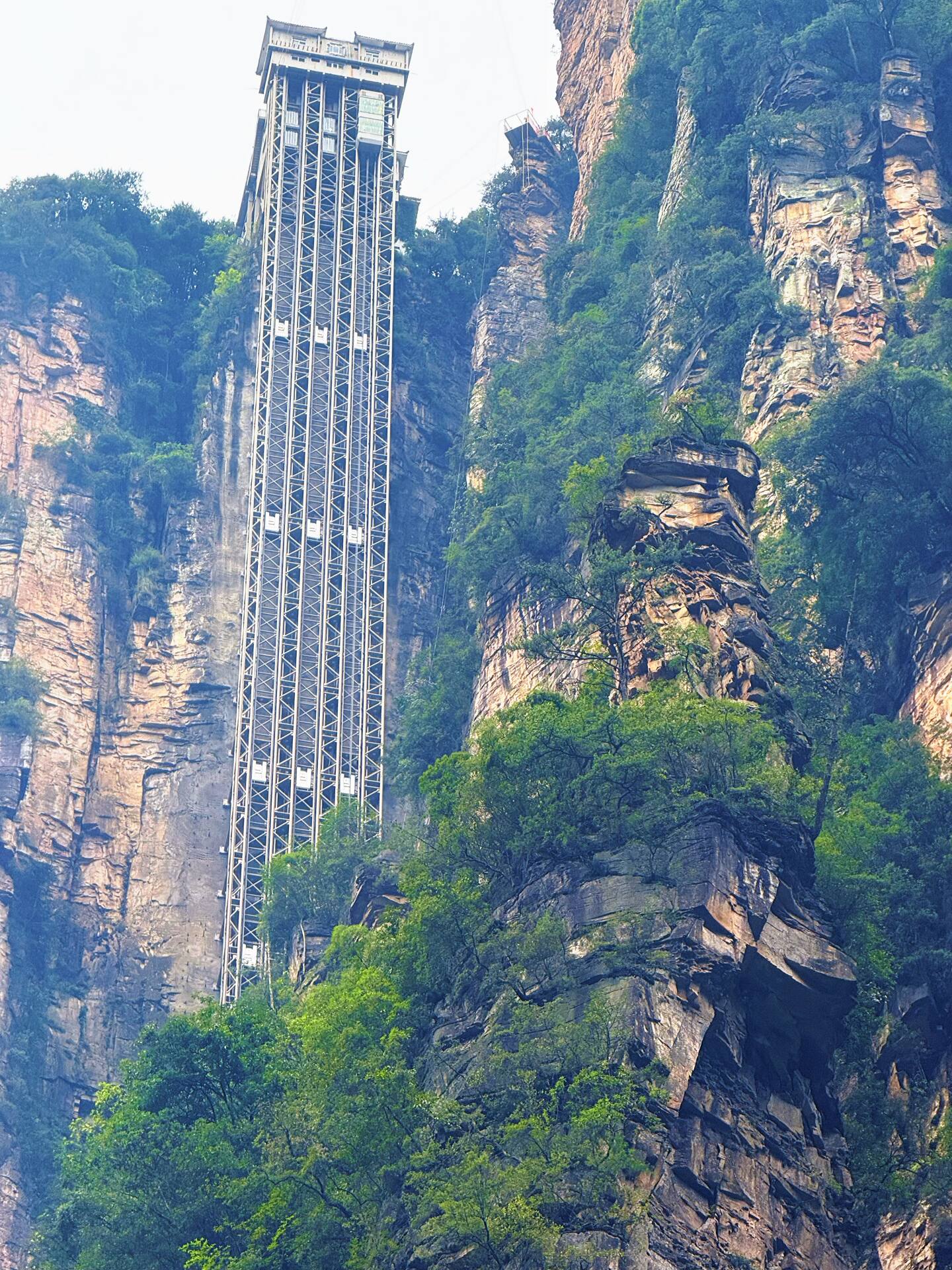 The Bailong Elevator's glass shafts running straight up a sheer quartz-sandstone cliff in Zhangjiajie, with double-deck cabins visible mid-climb.