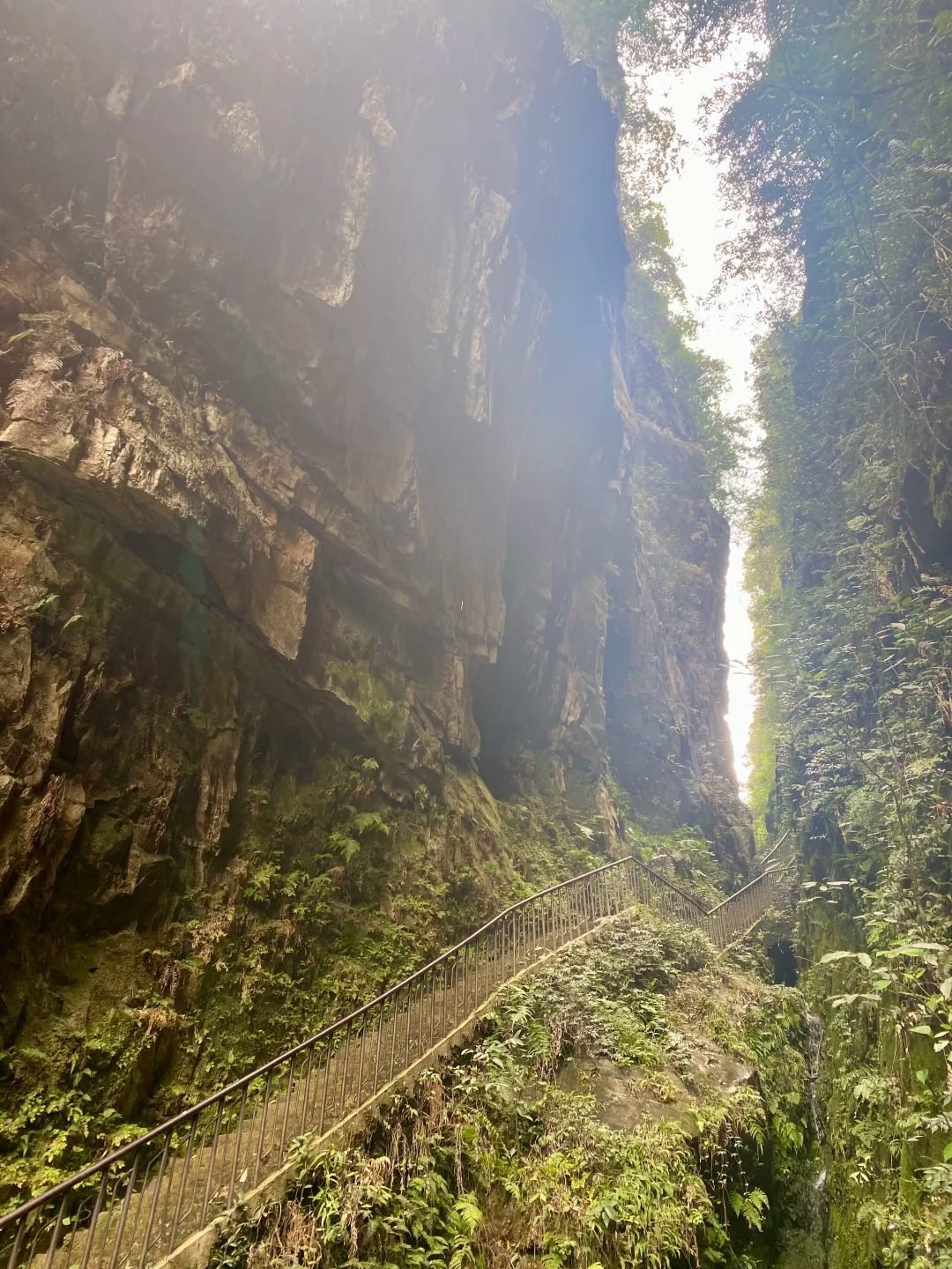 A railed stone stairway on the Yingwozhai trail climbing beneath a huge overhanging cliff at Baofeng Lake, Zhangjiajie.