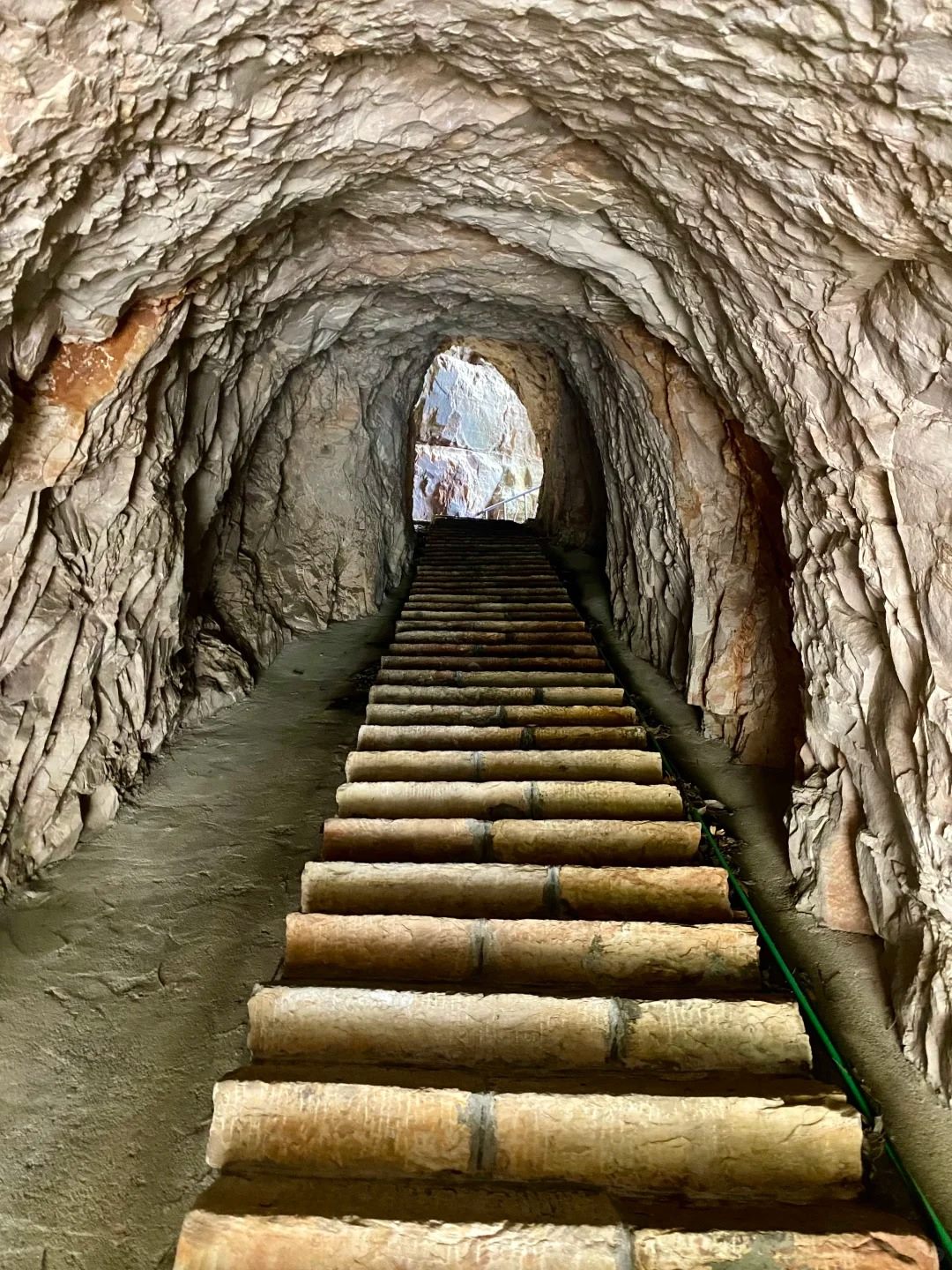 A rock-cut tunnel of log-faced steps on the Yingwozhai trail above Baofeng Lake.