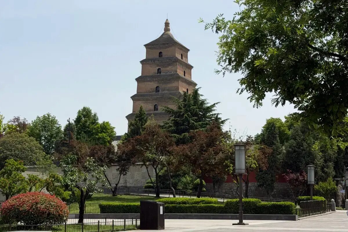 The seven-storey Big Wild Goose Pagoda rising above the trees of its temple grounds, Xi'an.
