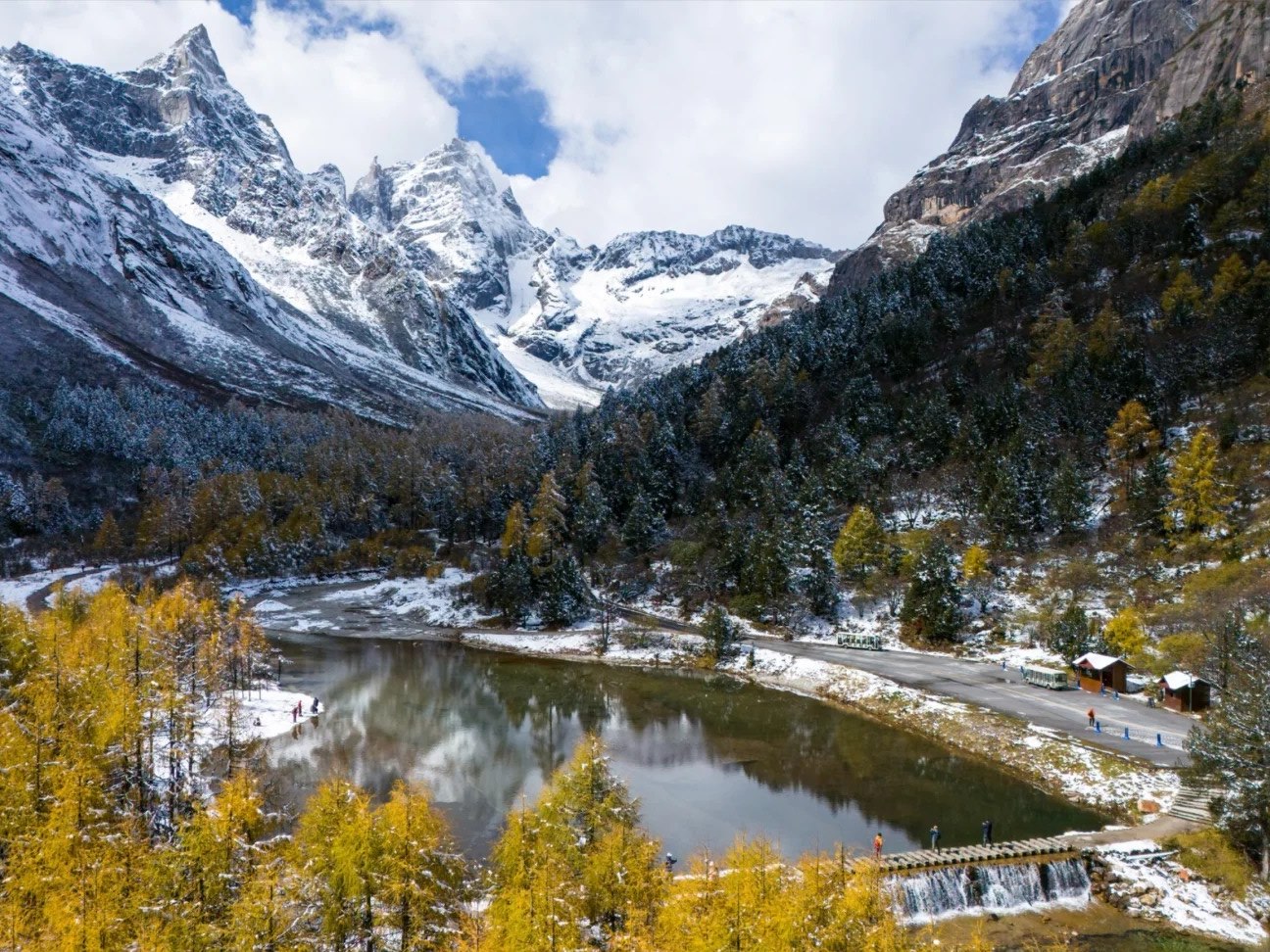 Aerial view down the valley under fresh snow: golden larch, a long lake, and on the right a paved road carrying two green-and-white shuttle buses past a stop with wooden shelters and blue queue barriers, with a plank walkway crossing a weir below.