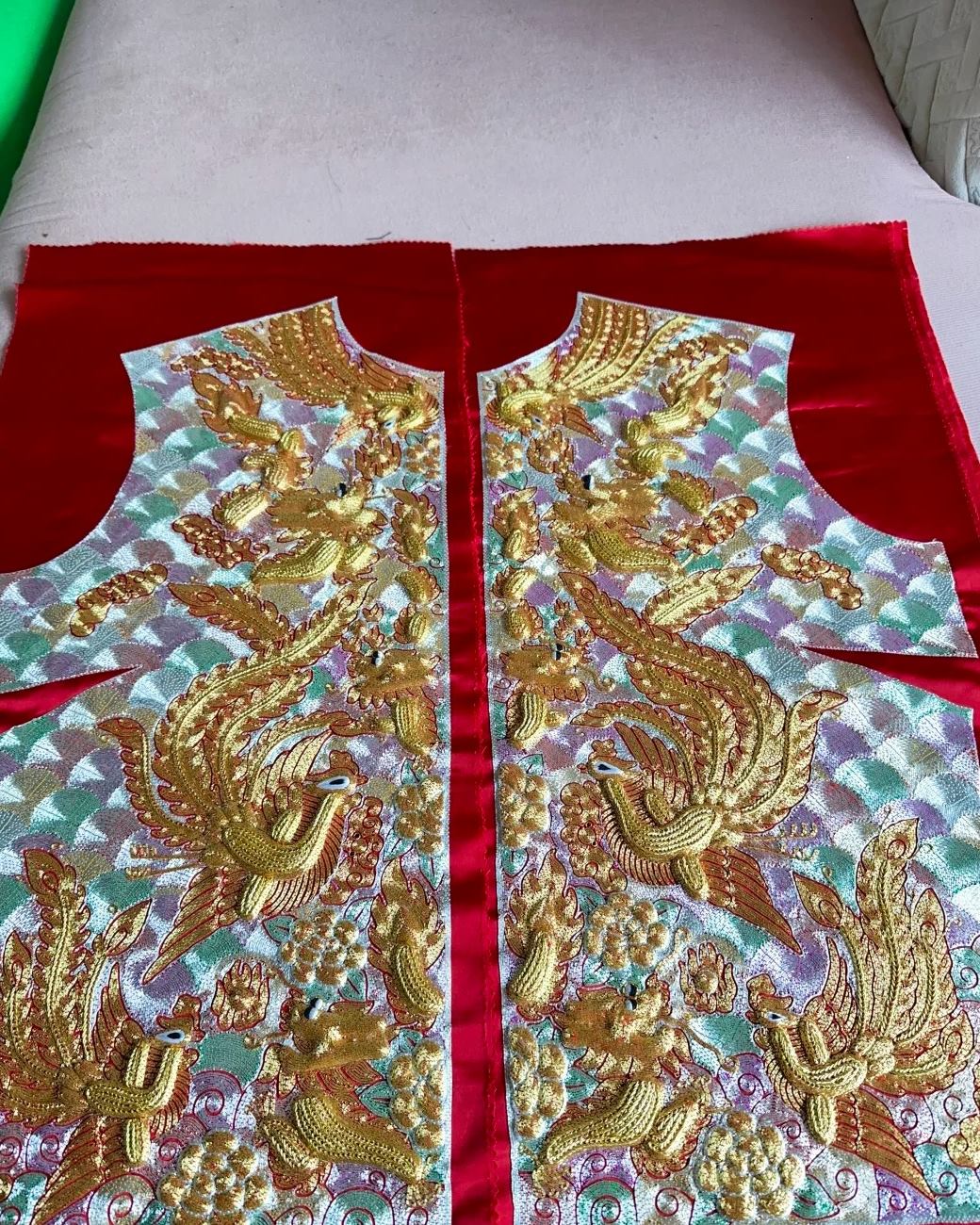 Embroidered panels for a longfenggua wedding jacket, densely worked in raised gold and silver thread with phoenix motifs
