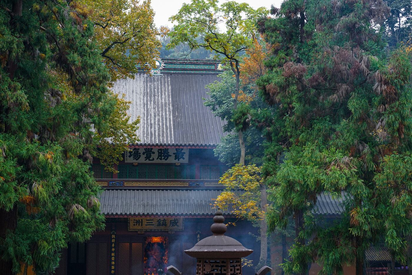 A great hall at Lingyin Temple, Hangzhou, with curved eaves rising among the trees.