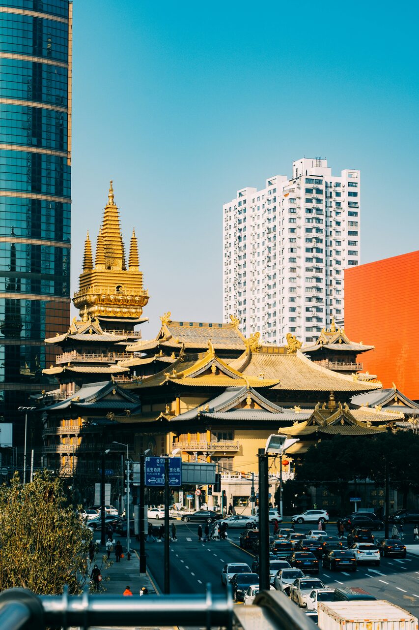 Jing'an Temple Buddhist temple surrounded by modern high-rises in central Shanghai.