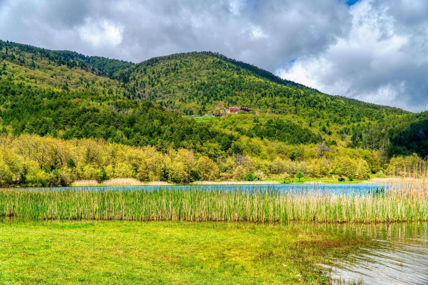 Pudacuo National Park near Shangri-La, Yunnan — an alpine lake and meadow ringed by forest.