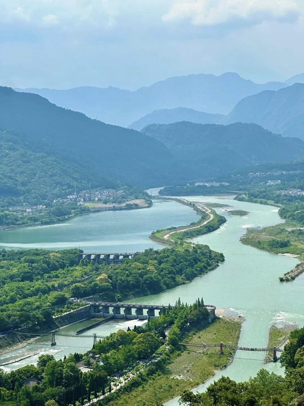 The 2,000-year-old Dujiangyan irrigation works on the Min River, Sichuan.