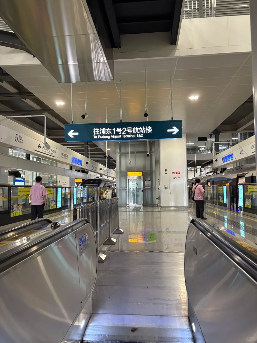 Airport Link Line platform with the overhead sign reading To Pudong Airport Terminal 1 and 2, platform doors on both sides