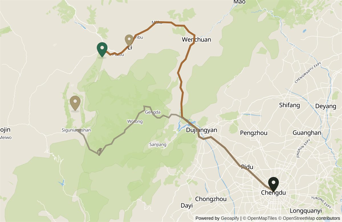 Map of western Sichuan. Chengdu is at the bottom right. Two separate roads leave it and never rejoin. The first runs north-west through Dujiangyan and Wenchuan, then west along the valley to Li County and on to Bipenggou, ringed at the top left. The second turns west at Dujiangyan and climbs through Wolong and over the Balang Pass to Mount Siguniang, marked in the middle left. The two valleys are about 36 kilometres apart in a straight line, with unroaded mountains between them, so the drive from one to the other is 129.6 kilometres.