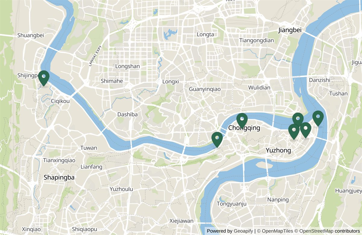 Map of central Chongqing showing the Jialing and Yangtze rivers meeting at the tip of the Yuzhong peninsula. Hongyadong, Jiefangbei, the Yangtze Cableway station and the Chaotianmen cruise pier sit together at the peninsula's eastern end within about a kilometre of each other; Liziba is roughly four kilometres west along the same peninsula on metro Line 2; Ciqikou is far to the north-west, about thirteen kilometres from the others. An inset in the lower left magnifies that eastern cluster across two kilometres, separating the four: Hongyadong on the Jialing bank at the north, the Chaotianmen pier further east at the peninsula's point, the Yangtze Cableway station on the Yangtze side to the south-east, and Jiefangbei inland to the south-west of them.