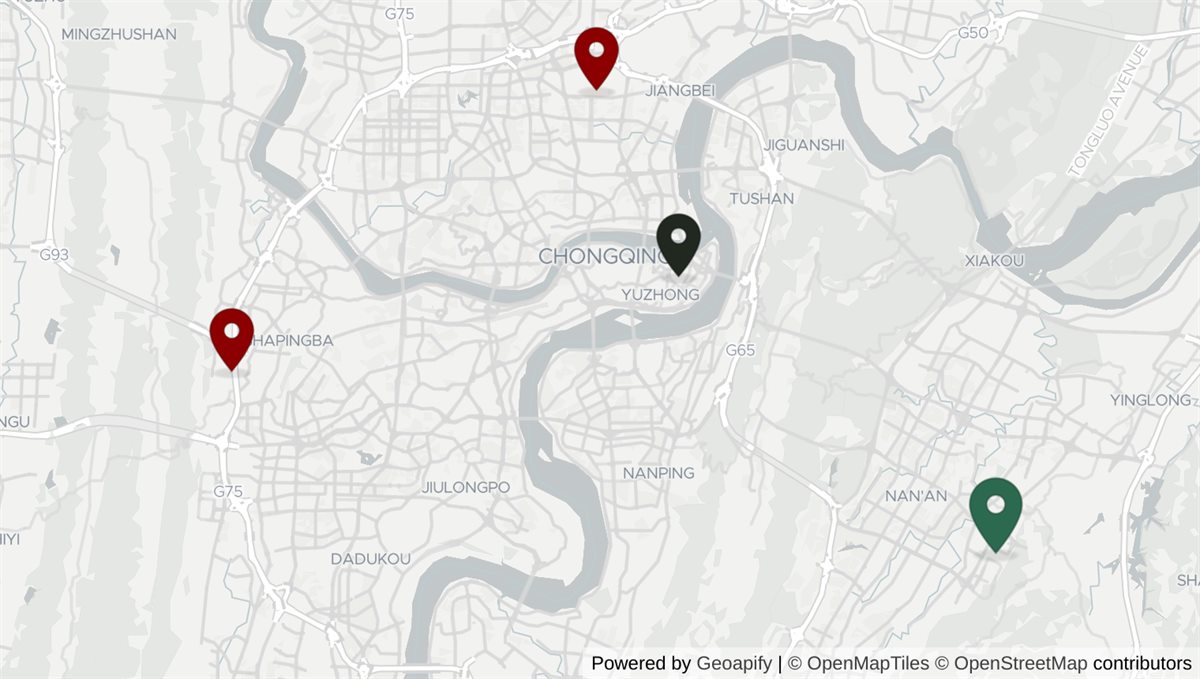 Map of Chongqing showing its three main railway stations against the city centre. Chongqing East (重庆东站) is about 12.3 km south-east of Jiefangbei and is where the fast trains to Hunan and Zhangjiajie now depart. Chongqing North (重庆北站) is 5.9 km north of the centre, and Chongqing West (重庆西站) is 13.3 km to the west. East and West are 22.9 km apart, on opposite sides of the city.