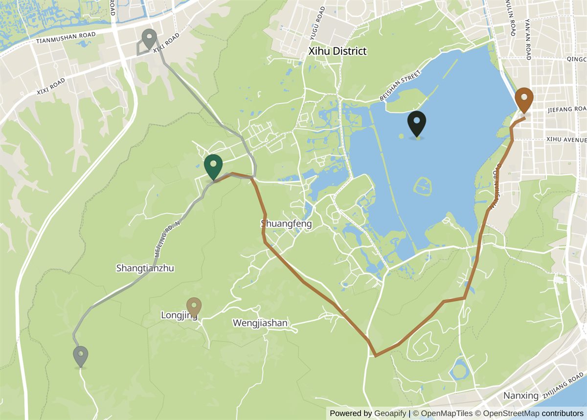 Map showing Lingyin Temple's position relative to West Lake in Hangzhou. The temple gate sits in wooded hills roughly 4 kilometres west of the lake. Because no road crosses the lake, the driving route from the Hubin lakefront on the eastern shore runs south down the eastern side, around the southern end of the lake and back up north-west through the hills to the gate — about 10 kilometres and half an hour. Two further routes come in from the outer car parks used on weekends and public holidays, when cars are barred from the Lingyin area: one from the Xixi Road car park to the north, about 4.5 kilometres out, and one from Xiaoyawu to the south, about 4.2 kilometres out. The Longjing tea villages lie in the same range of hills, south of the temple.