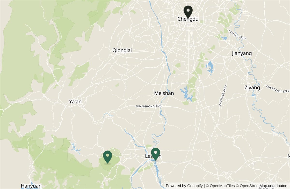 Regional map of central Sichuan. Chengdu sits at the top; Leshan lies about 130 kilometres south on the rivers, and Mount Emei roughly 40 kilometres west of Leshan. Both are ringed as the two halves of one UNESCO property.