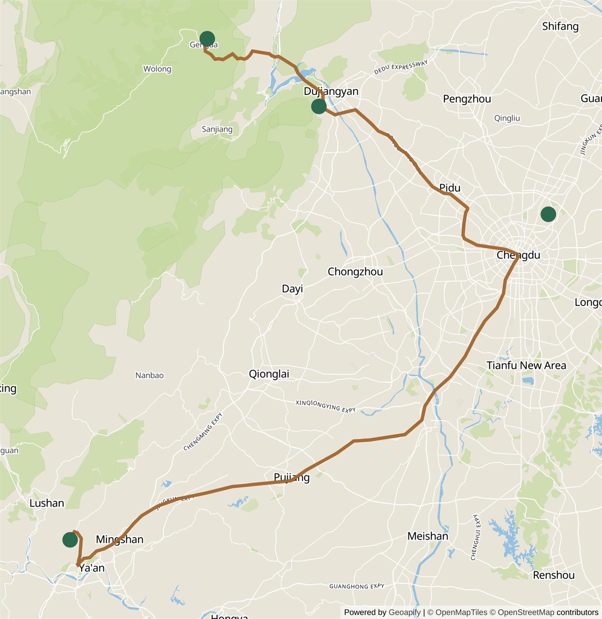 Map of the Chengdu plain and the mountains west of it, showing the four panda bases as green pins. The Chengdu Research Base sits just north-east of Chengdu city centre and has no driving route drawn to it, because it is inside the city. Two driving routes run out of Chengdu in opposite directions: one north-west through Dujiangyan to Panda Valley and then on into the mountains, ending at Wolong's Shenshuping base near Gengda in the top-left of the frame; the other south-west across the plain through Pujiang to Bifengxia, north of Ya'an, in the bottom-left. Panda Valley is 68.2 kilometres from Chengdu by road, Wolong 105.8 kilometres, and Bifengxia 154.8 kilometres in the opposite direction.
