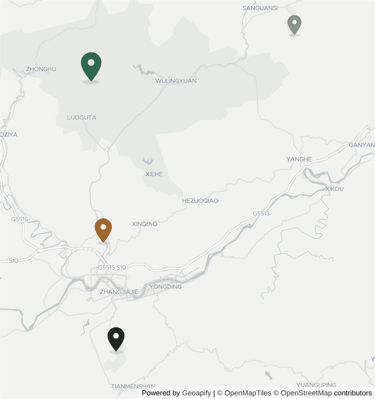 Map of the Zhangjiajie area. Zhangjiajie West railway station sits in the middle. Tianmen Mountain is about 13.4The national forest park at Wulingyuan is about 19.6 km north of the station in the other direction. The Grand Canyon glass bridge is further north-east again, roughly 34.3 km from the station and 25.3 km from the park.