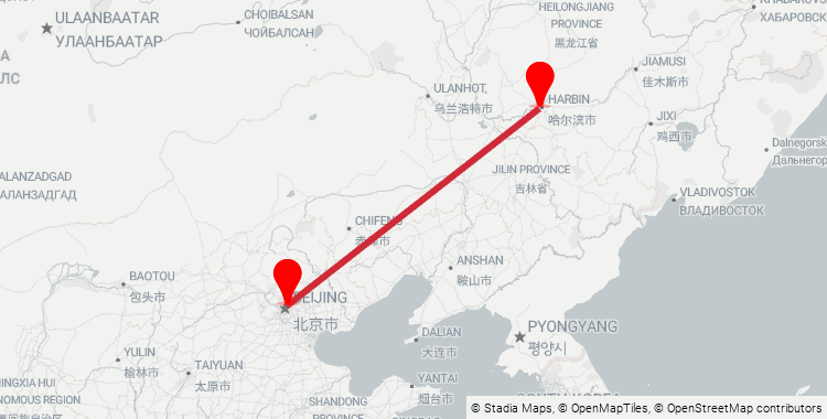 Map of the Beijing Chaoyang–Harbin West high-speed rail corridor: 1,249 km from Beijing Chaoyang Railway Station to Harbin West Railway Station, 5h 20m on the fastest G-train.