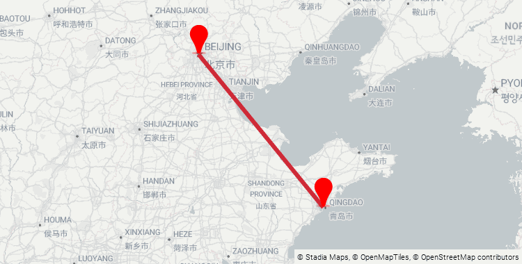 Map of the Beijing South–Qingdao high-speed rail corridor: 770 km from Beijing South Railway Station to Qingdao Railway Station, 3h on the fastest G-train.