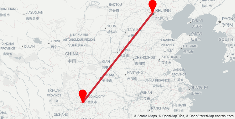 Map of the Beijing West–Chongqing North high-speed rail corridor: 1,700 km from Beijing West Railway Station to Chongqing North Railway Station, 7h 15m on the fastest G-train.