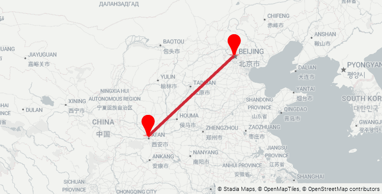 Map of the Beijing West–Xi'an North high-speed rail corridor: 1,216 km from Beijing West Railway Station to Xi'an North Railway Station, 4h 10m on the fastest G-train.