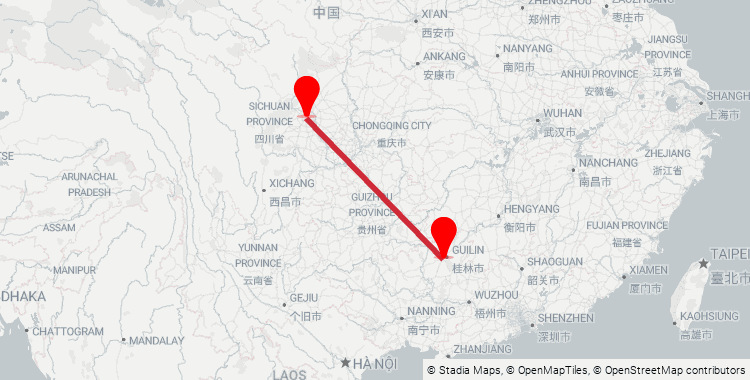 Map of the Chengdu East–Guilin West high-speed rail corridor: 1,460 km from Chengdu East Railway Station to Guilin West Railway Station, 11h 30m on the fastest D-train.