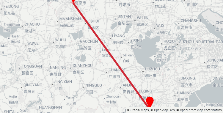 Map of the Hangzhou East–Nanjing South high-speed rail corridor: 270 km from Hangzhou East Railway Station to Nanjing South Railway Station, 1h 15m on the fastest G-train.