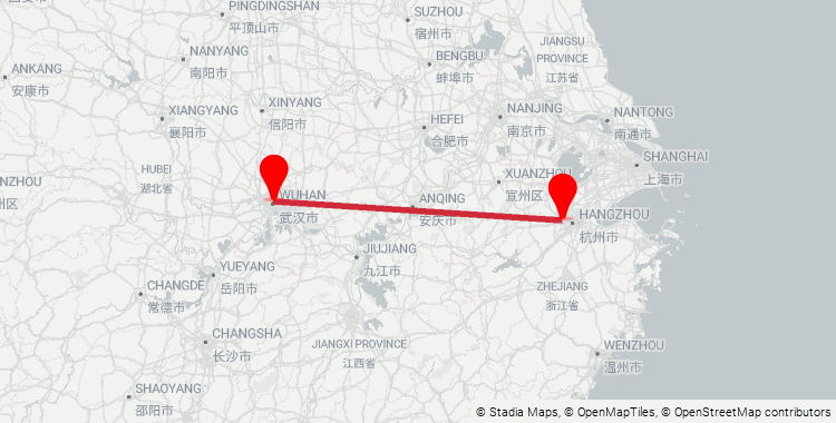 Map of the Hangzhou West–Wuhan high-speed rail corridor: 700 km from Hangzhou West Railway Station to Wuhan Railway Station, 4h 30m on the fastest G-train.