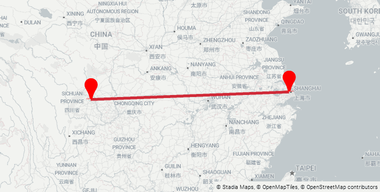 Map of the Shanghai Hongqiao–Chengdu East high-speed rail corridor: 1,988 km from Shanghai Hongqiao Railway Station to Chengdu East Railway Station, 10h 55m on the fastest G/D-train.