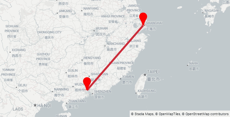 Map of the Shanghai Hongqiao–Guangzhou South high-speed rail corridor: 1,800 km from Shanghai Hongqiao Railway Station to Guangzhou South Railway Station, 6h 45m on the fastest G-train.