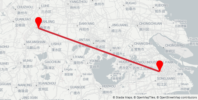 Map of the Shanghai Hongqiao–Nanjing South high-speed rail corridor: 301 km from Shanghai Hongqiao Railway Station to Nanjing South Railway Station, 1h on the fastest G-train.