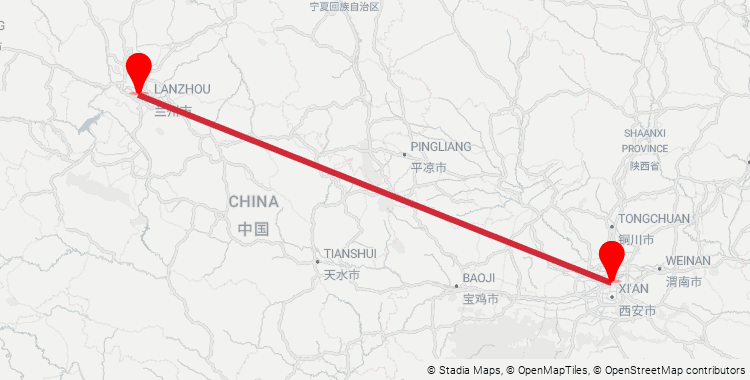 Map of the Xi'an North–Lanzhou West high-speed rail corridor: 575 km from Xi'an North Railway Station to Lanzhou West Railway Station, 3h on the fastest G-train.