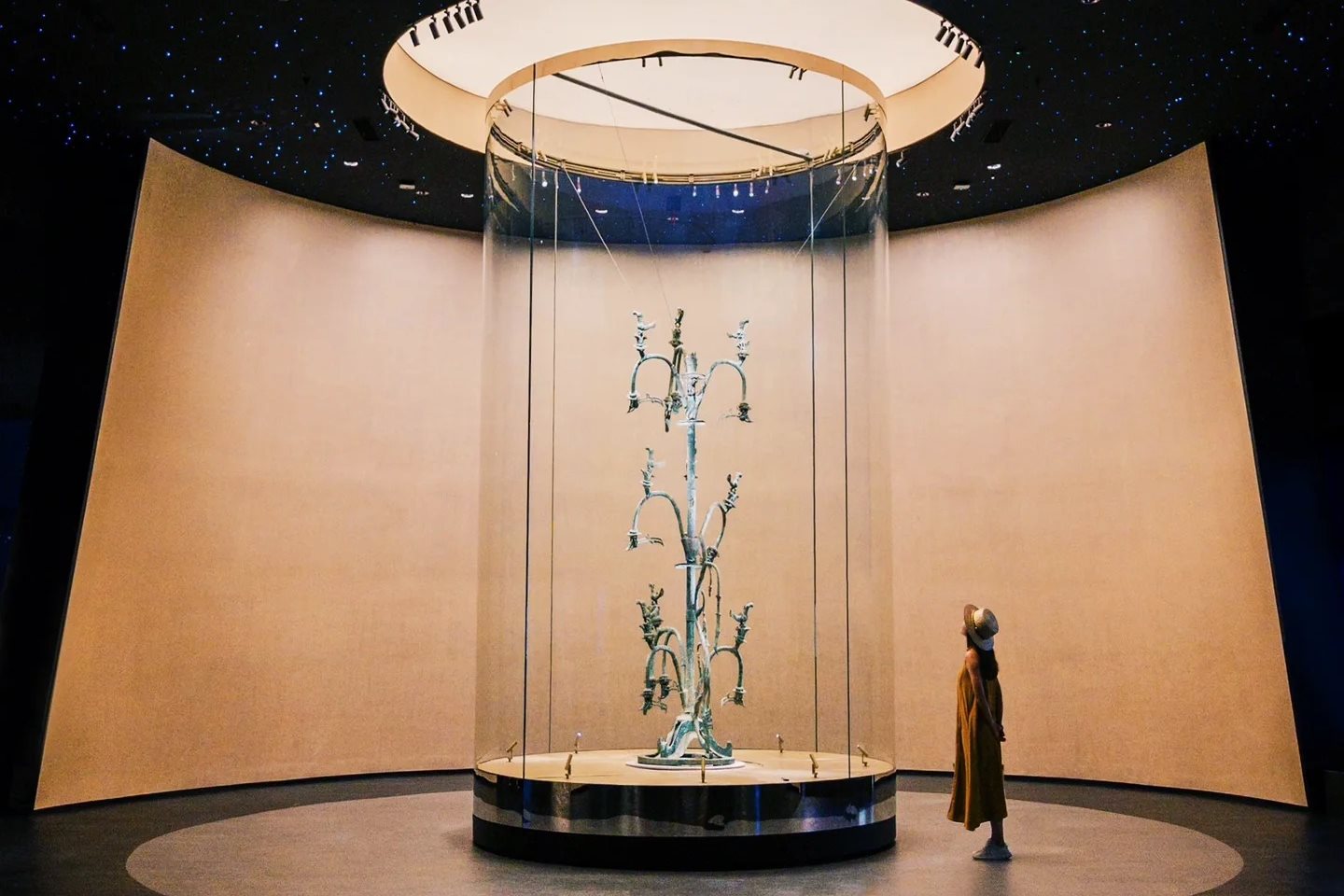 A bronze tree nearly four metres tall inside a cylindrical glass case, lit from a ring above it, under a dark ceiling set with points of light like a star field. A single visitor stands to the right of the case, reaching roughly a third of its height.