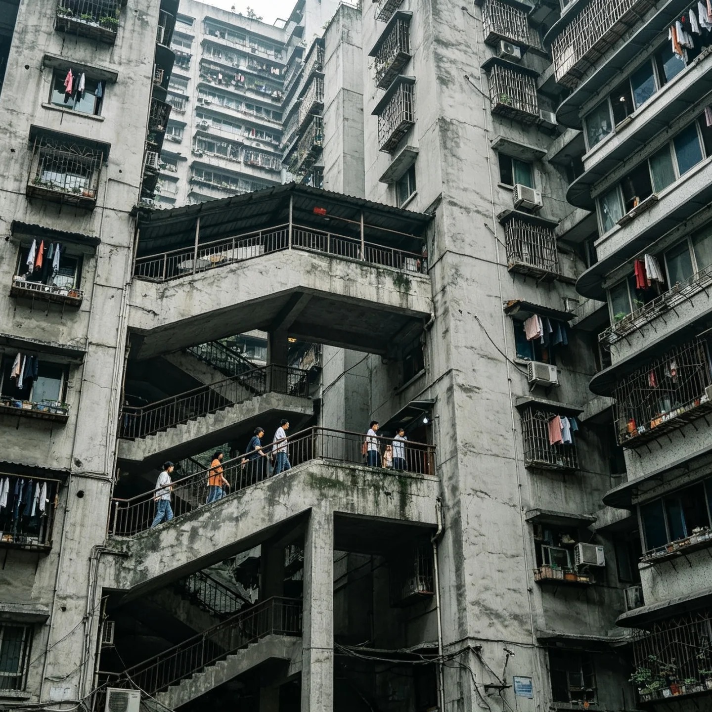Baixiangju in Chongqing seen from below: an old concrete apartment block with layered external walkways and staircases, laundry hanging from the balconies and a few small distant figures crossing one of the walkways.