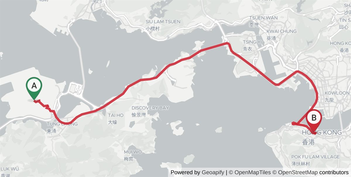 Driving route map from Hong Kong International Airport (HKG) to Central: 38.5 km, 40 min by taxi (HK$300–350). Geoapify WGS-84 routing, Jul 2026 (no-traffic baseline).