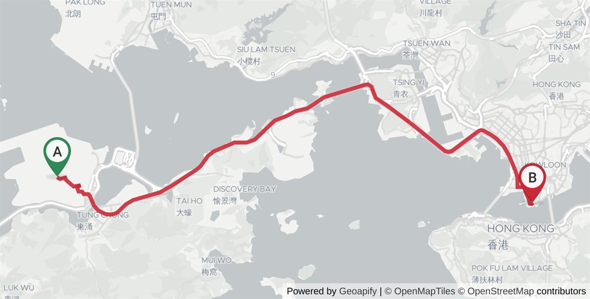 Driving route map from Hong Kong International Airport (HKG) to Tsim Sha Tsui: 34.7 km, 35 min by taxi (HK$250–300). Geoapify WGS-84 routing, Jul 2026 (no-traffic baseline).