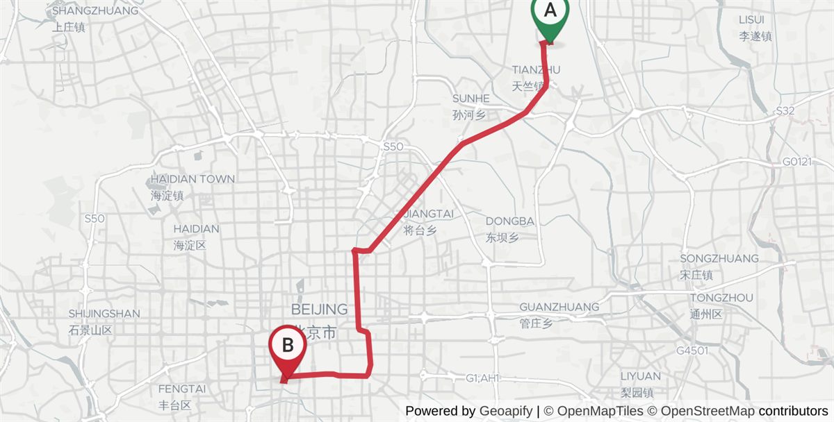 Driving route map from Beijing Capital International Airport (PEK) to Beijing South Railway Station: 38.1 km, 56 min by taxi (¥130–180). Amap maps_direction_driving, May 2026 (no-traffic baseline).