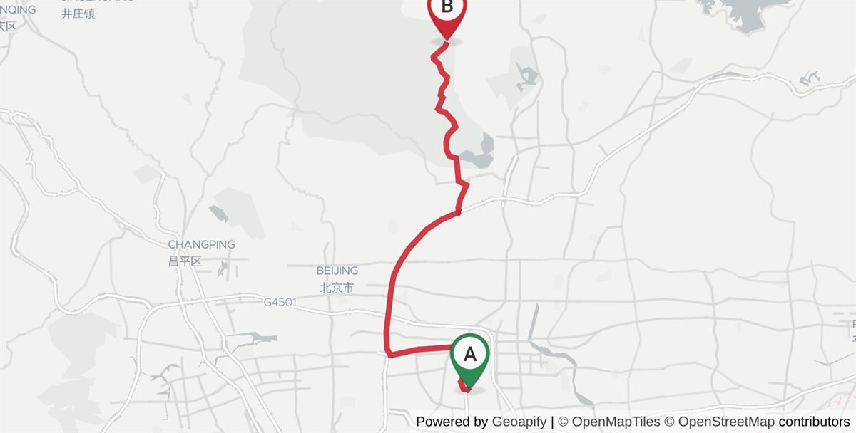 Driving route map from Beijing Capital International Airport (PEK) to Mutianyu Great Wall: 59 km, 65 min by taxi (¥250–350). Amap maps_direction_driving, May 2026 (no-traffic baseline).