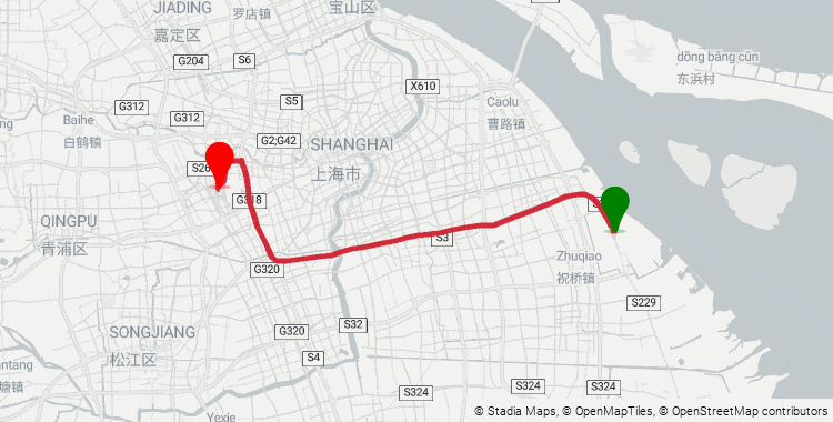 Driving route map from Shanghai Pudong International Airport (PVG) to Hongqiao Railway Station: 62 km, 92 min by taxi (¥220–300). Amap maps_direction_driving, May 2026 (no-traffic baseline).