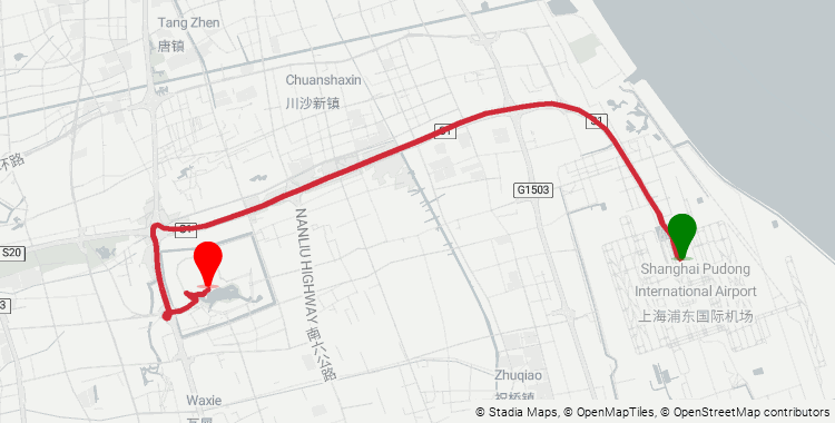 Driving route map from Shanghai Pudong International Airport (PVG) to Shanghai Disneyland: 23.9 km, 39 min by taxi (¥110–180). Amap maps_direction_driving, May 2026 (no-traffic baseline).