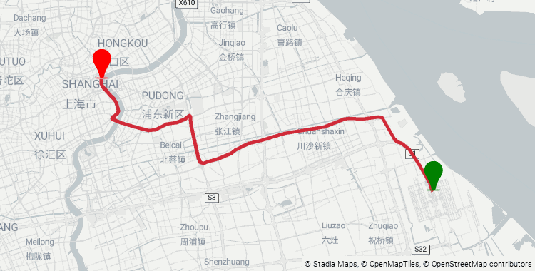 Driving route map from Shanghai Pudong International Airport (PVG) to The Bund: 42.9 km, 72 min by taxi (¥180–260). Amap maps_direction_driving, May 2026 (no-traffic baseline).