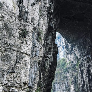 Looking up at one of the Wulong natural rock arches from the canyon floor, the limestone roof overhanging and daylight showing through the gap beyond.