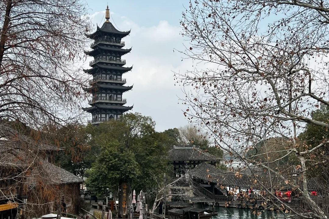 The seven-storey White Lotus Pagoda rising above bare winter trees at the west end of Wuzhen Xizha, with a tiled covered bridge and moored boats on the green canal below it.