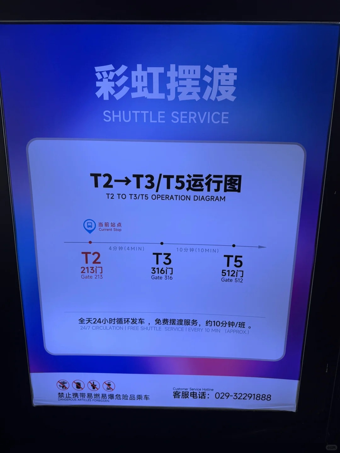 Airport shuttle board at Xi'an Xianyang showing T2 gate 213, T3 gate 316 and T5 gate 512 with the minutes between them